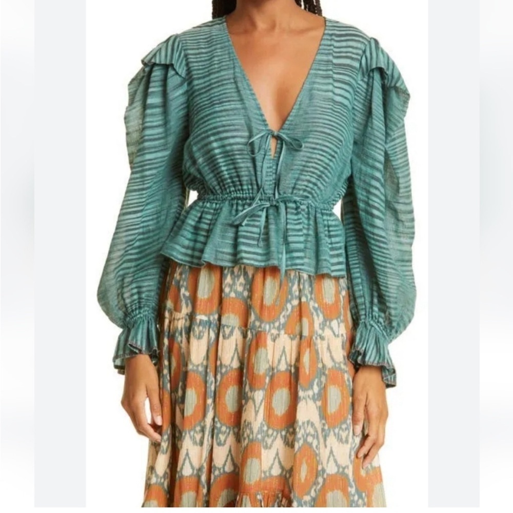 Ulla Johnson Ophelia Cotton Voile Peplum Blouse Teal
Stripe Size 10 - Picture 2 of 16